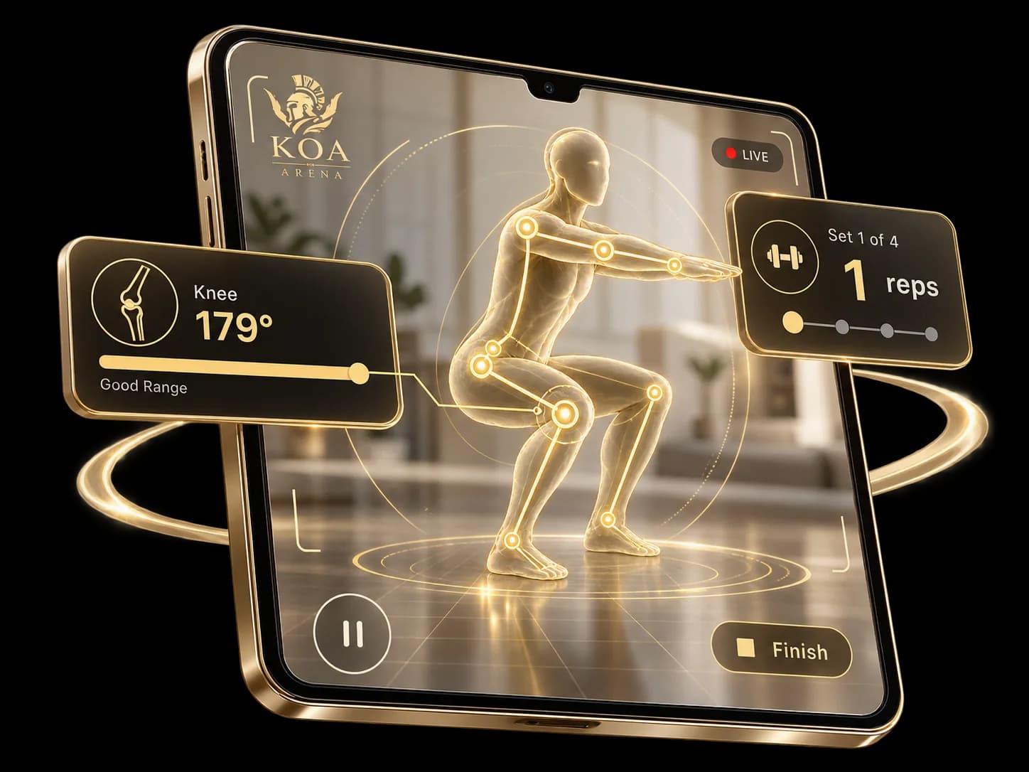KOA 3D motion tracking: live squat with knee-angle readout