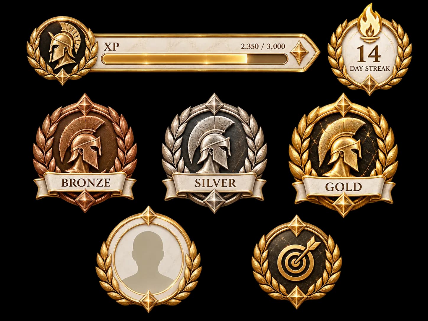 KOA progression: XP bar, streak badge and rank medals
